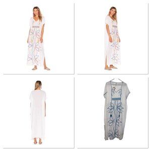 STAR MELA WOMEN WHITE BLUE EMBROIDERED FLORAL TRELLA KAFTAN MAXI COVER UP MEDIUM